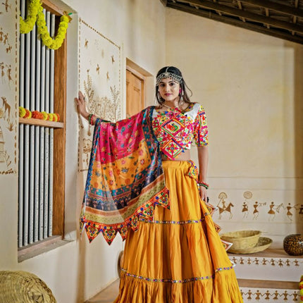 Aastha Fashion Yellow Rayon Ready Mirror Lace Semi Stitched Wedding Wear Lehenga Choli