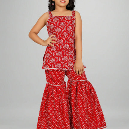 Divine Drape Girls Rayon Red Printed Straight Kids Kurta Sharara With Dupatta