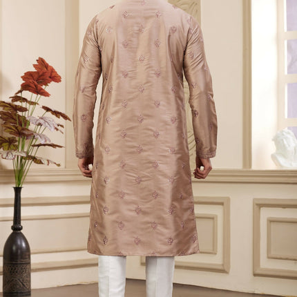 Raivat Ethnic Men's Art Silk Thread Work Kurta Pyjama In Brown Colour