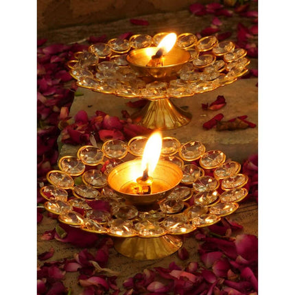 Tied Ribbons Set of 2 Gold-Toned Decorative Crystal Diyas