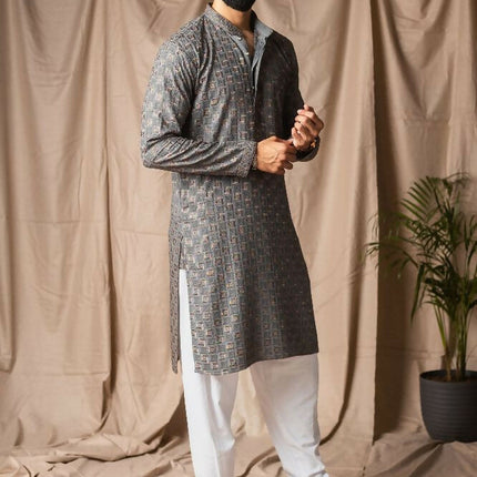 Grey Rayon Thread Embroidery Work Kurta Set - Mahotsav