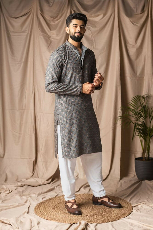 Grey Rayon Thread Embroidery Work Kurta Set - Mahotsav