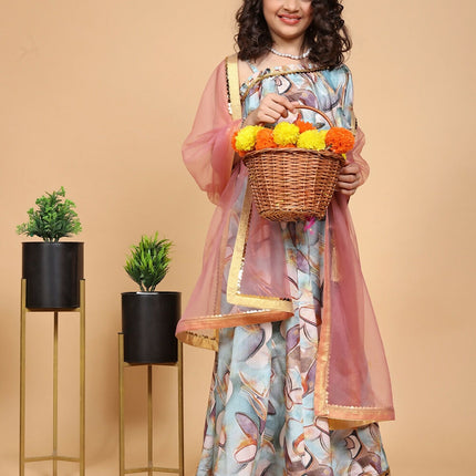 Divine Drape Girls Chinon Sky Blue Printed Kids Lehenga Choli With Dupatta