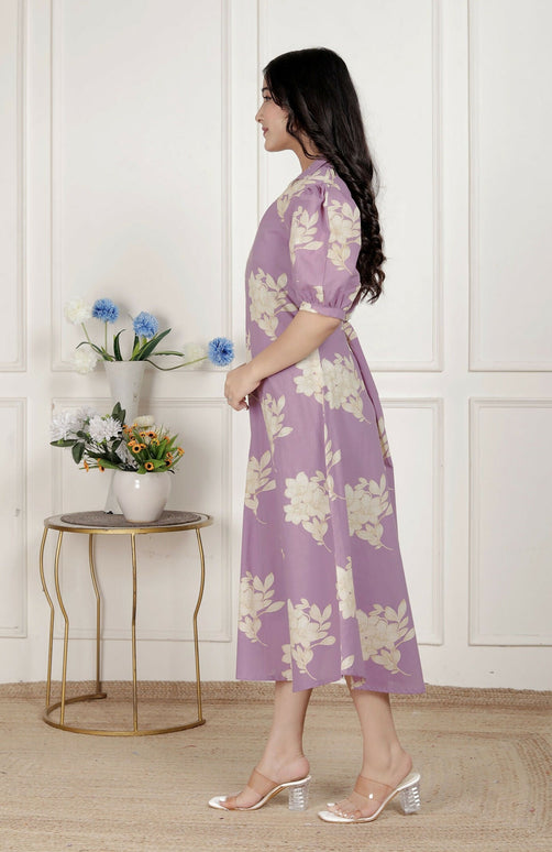 Miravan Womens Lavender Floral Printed A-Line Maxi Dress