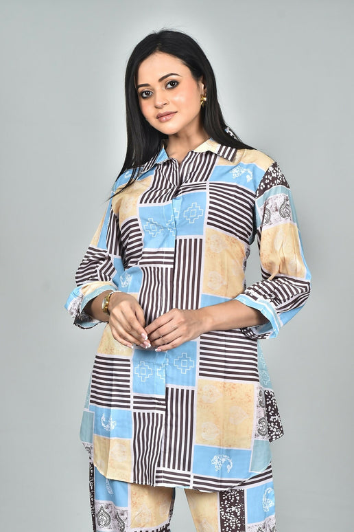 Morchari Digital Print Semi Muslin Co-Ord Set Top & Trouser-Multicolor
