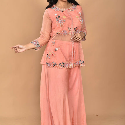 Morchari Women And Hand Embroidery Palazzo Set-Peach