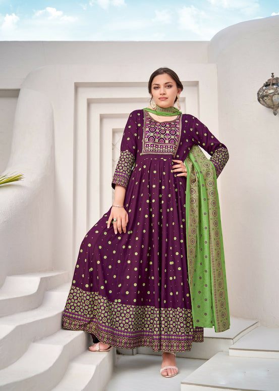Aastha Fashion Purple Rayon Party Wear Designer Gown Collection