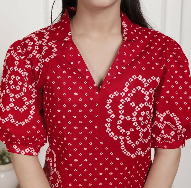 Miravan Womens Red Bandhani Printed Collar Neck Maxi Dress