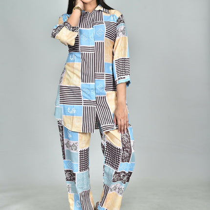 Morchari Digital Print Semi Muslin Co-Ord Set Top & Trouser-Multicolor