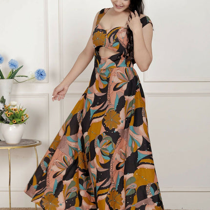 Miravan Womens Black Pure Cotton Floral Printed Sleeveless Cut Out Detail Western Dress