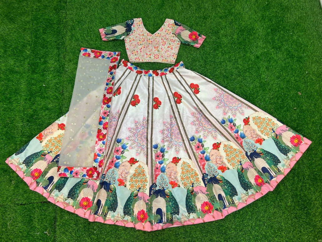 Aastha Fashion Off White Medonna Silk Heavy Digital Print Semi Stitched Wedding Wear Lehenga Choli