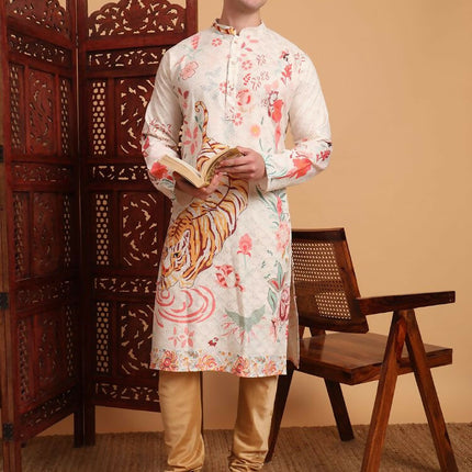Off White Cotton Printed Chikankari Embroidery Work Kurta - Mahotsav