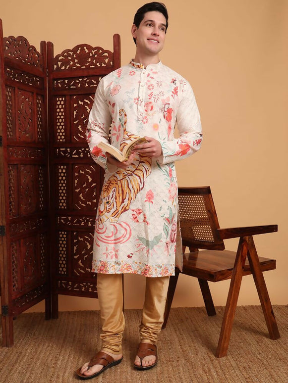 Off White Cotton Printed Chikankari Embroidery Work Kurta - Mahotsav