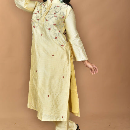 Morchari Women And Hand Embroidery Co-Ord Set-Lemon- Yellow