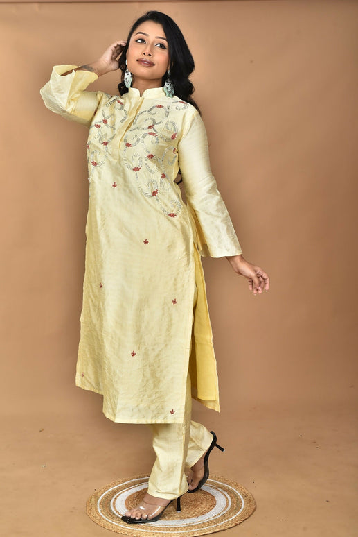 Morchari Women And Hand Embroidery Co-Ord Set-Lemon- Yellow
