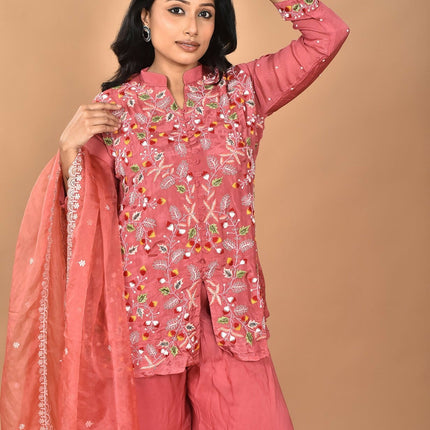 Morchari Women And Hand Embroidery Palazzo Set-Rust