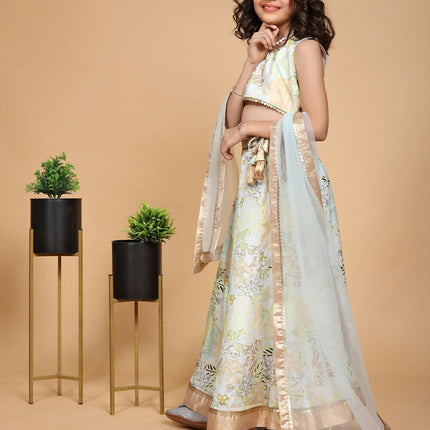 Divine Drape Girls Chinon Pista Printed Kids Lehenga Choli With Dupatta