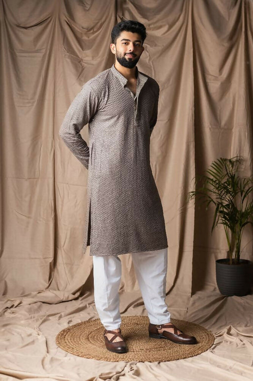 Grey Rayon Thread Embroidery Work Kurta Set - Mahotsav