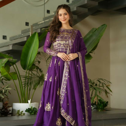 Aastha Fashion Purple Chinnon Sequins-Multi & Beads Embroidered Work Party Wear Designer Gown