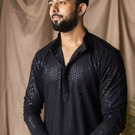 Black Rayon Thread Embroidery Work Kurta Set - Mahotsav