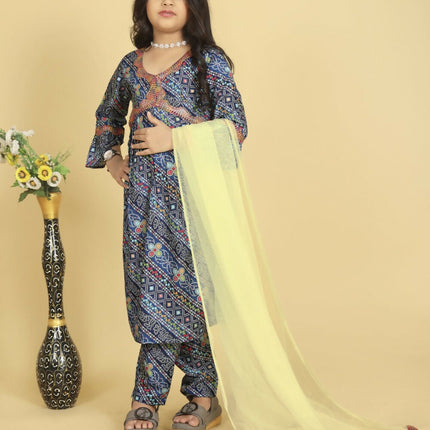 Divine Drape Girls Roman Slub Blue Printed Straight Kids Kurta Pant With Dupatta