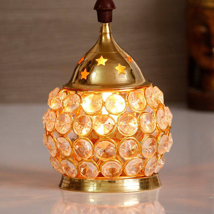 eCraftIndia Gold-Toned & Transparent Crystal & Brass Akhand Diya