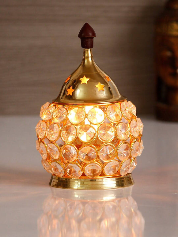 eCraftIndia Gold-Toned & Transparent Crystal & Brass Akhand Diya