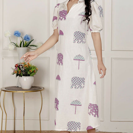 Miravan Womens Flex Cotton Short Sleeve Off White Animal Print A-Line Maxi Dress