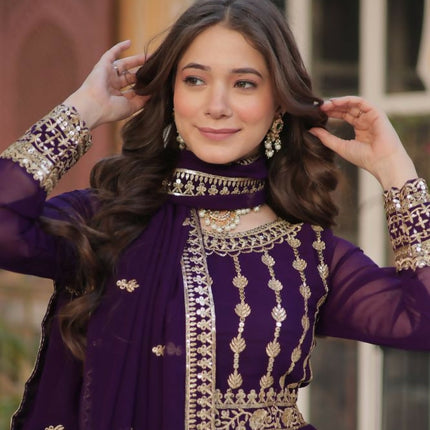 Aastha Fashion Purple Faux Blooming Embroidery Zari Sequins-work Party Wear Designer Gown