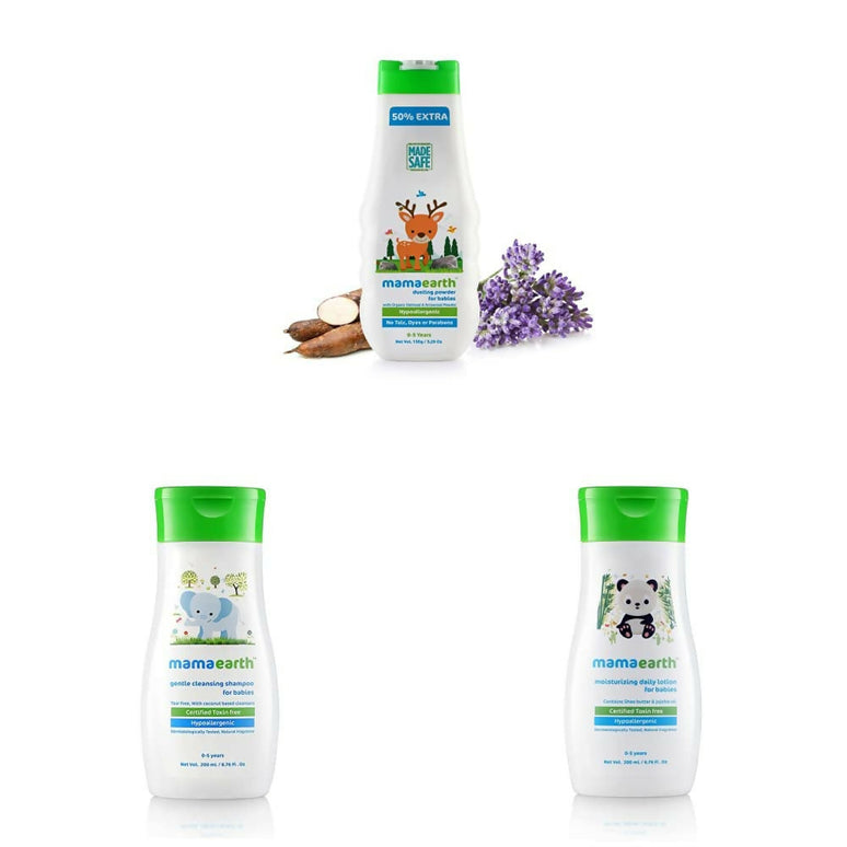 Mamaearth Dusting Powder & Gentle Cleansing Shampoo & Daily Moisturizing Lotion