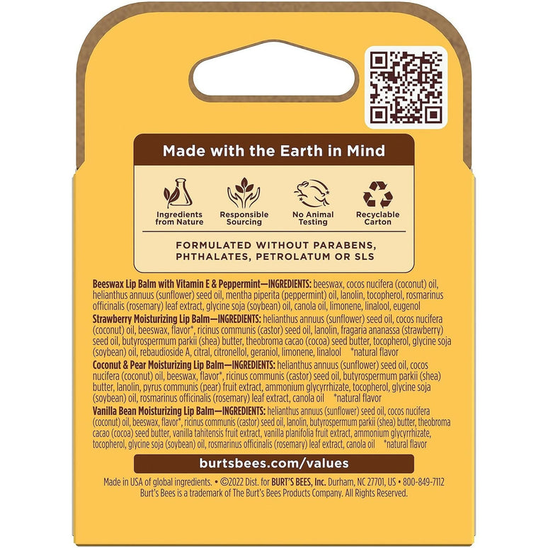 Burt's Bees Natural Moisturizing Lip Balms (Original Beeswax, Strawberry, Coconut & Pear, Vanilla Bean)