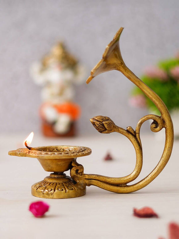 eCraftIndia Gold Toned Flower Shaped Brass Diya With Floral Handle