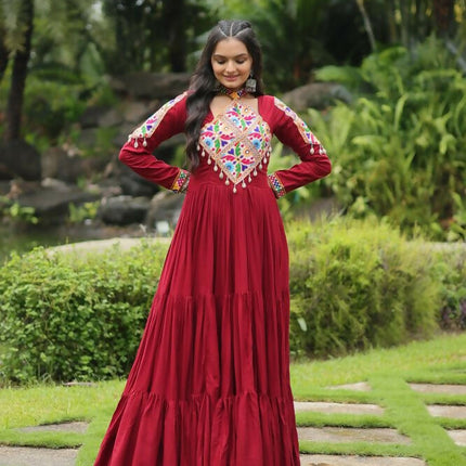 Aastha Fashion Maroon 14 kg Reyon Kutchi Gamthi Work Party Wear Designer Gown