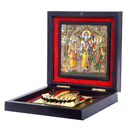 AncientlRam Darbar Pocket Temple Box With Charan Paduka Square Shaped, Gold-Polished