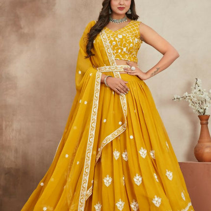 Aastha Fashion Mustard Yellow Heavy Georgette Embroidery Thread + Sequence Work Semi Stitched Wedding Wear Lehenga Choli