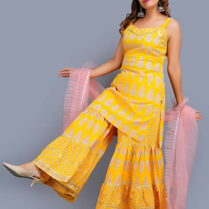 Shehnai Yellow Printed Strap Short Kurta With Sharara Set And Net Dupatta