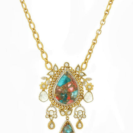 Natural Stones Antique Finish Earrings and Necklace set - Ruby Raang