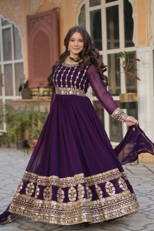 Aastha Fashion Purple Faux Blooming Embroidery Zari Sequins-work Party Wear Designer Gown