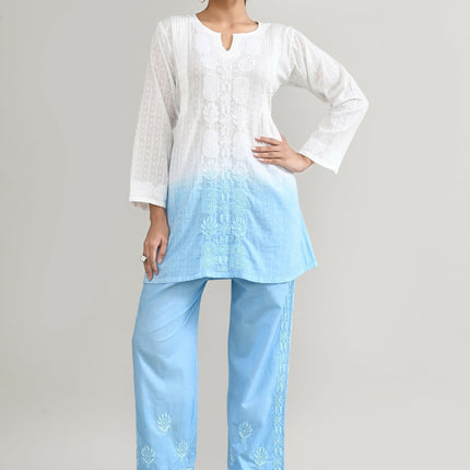 Joban Fashion Womens Cotton ChikanKari Sky Blue & White Cord set