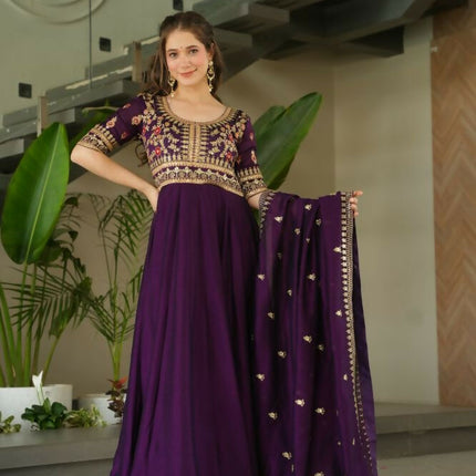 Aastha Fashion Purple Vichitra Silk Sequins-Multi & Zari Embroidered Work Party Wear Designer Gown