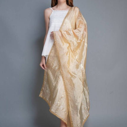 Shehnaai Beige Artsilk Dupatta With Sarwoski And Gota Aari Embroidery