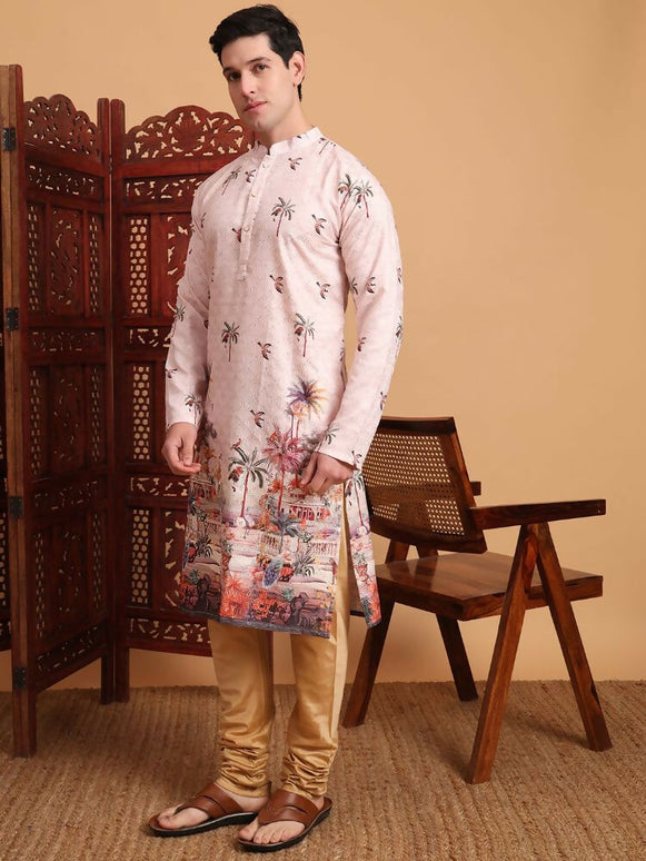 Peach Cotton Printed Chikankari Embroidery Work Kurta - Mahotsav
