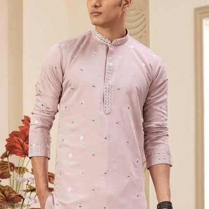 Raivat Ethnic Men's Art Silk Thread Work Kurta Pyjama In Onion Colour