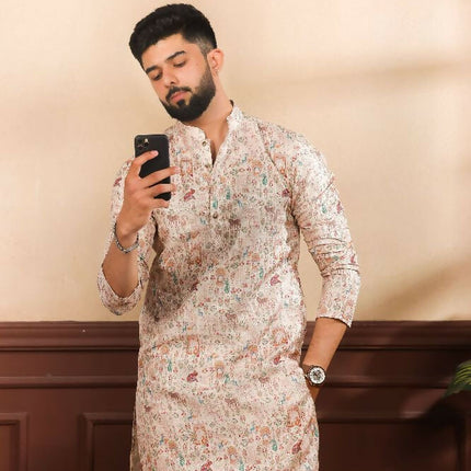Beige Art Silk Digital Printed, Embroidery Work Kurta Set - Mahotsav