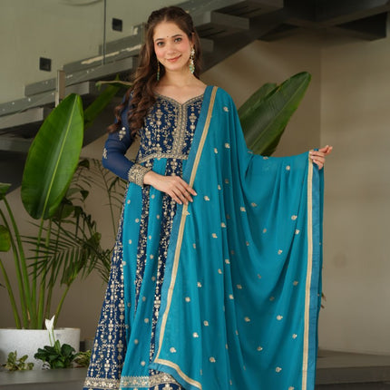 Prazu Fashion Blue Georgette With Zari & Sequins Gown