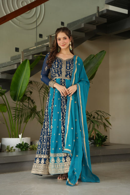Prazu Fashion Blue Georgette With Zari & Sequins Gown