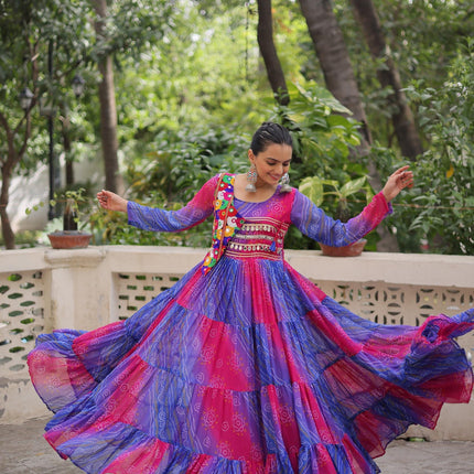 Prazu Fashion Blue Georgette Leheriya & Bandhej Print With Kutchi Work Navratri Gown