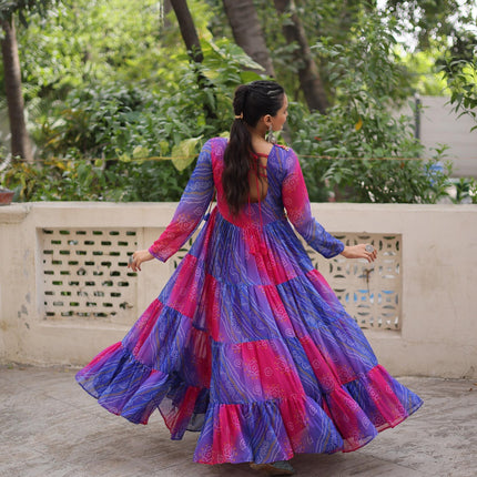 Prazu Fashion Blue Georgette Leheriya & Bandhej Print With Kutchi Work Navratri Gown