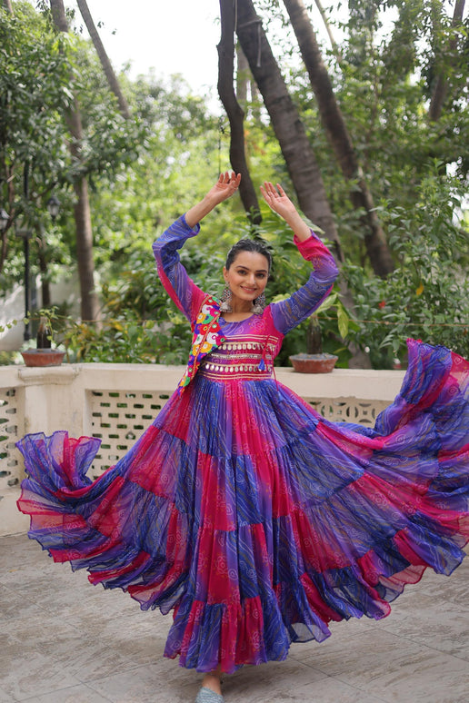 Prazu Fashion Blue Georgette Leheriya & Bandhej Print With Kutchi Work Navratri Gown