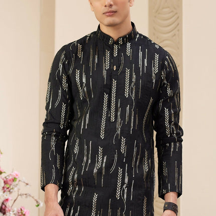 Raivat Ethnic Men's Art Silk Thread Work Kurta Pyjama In Black Colour
